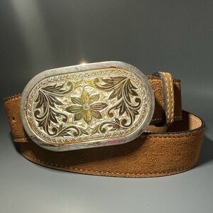 VTG Circle Y Suede Western Belt Floral Nickel Plated Buckle B 57 - 34 *Read*